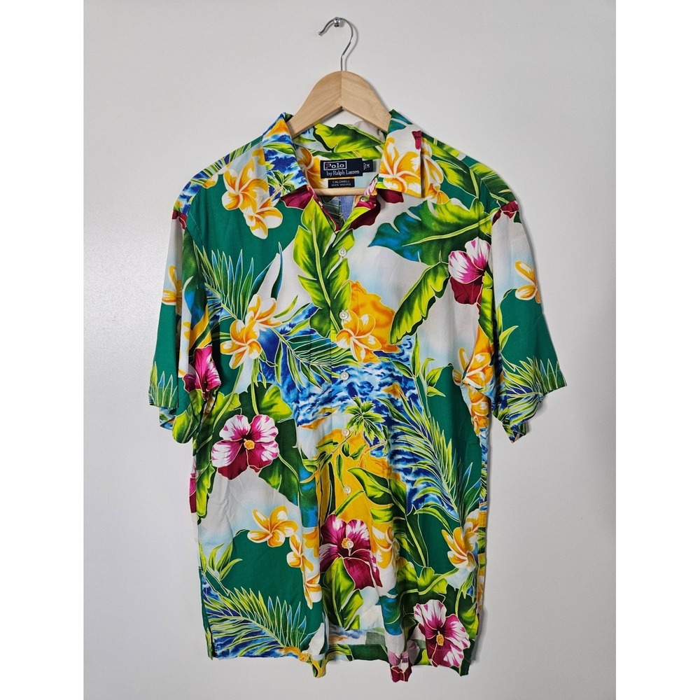 VTG Polo Ralph Lauren Caldwell Shirt EUC M Viscose‎ Rayon Tropical Floral Hawaii